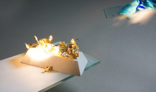 Sliding Up Jodorowsky’s Mountain, 2013, glass, plaster, crystals of copper (ii) sulphate (CuSO4·5H2O), polyvinyl acetate, sodium borate dehydrate, imitation gold leafs, steel, spray paint, light projector, 45 x 130 x 30 cm