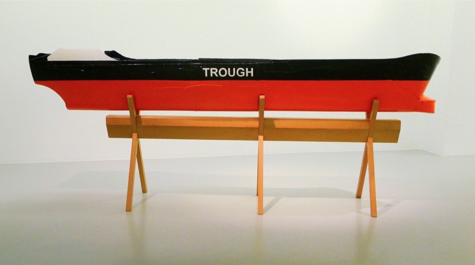 Through, 2014, scrap wood fragments, string and enamel paint, 90 x 220 x 40 cm