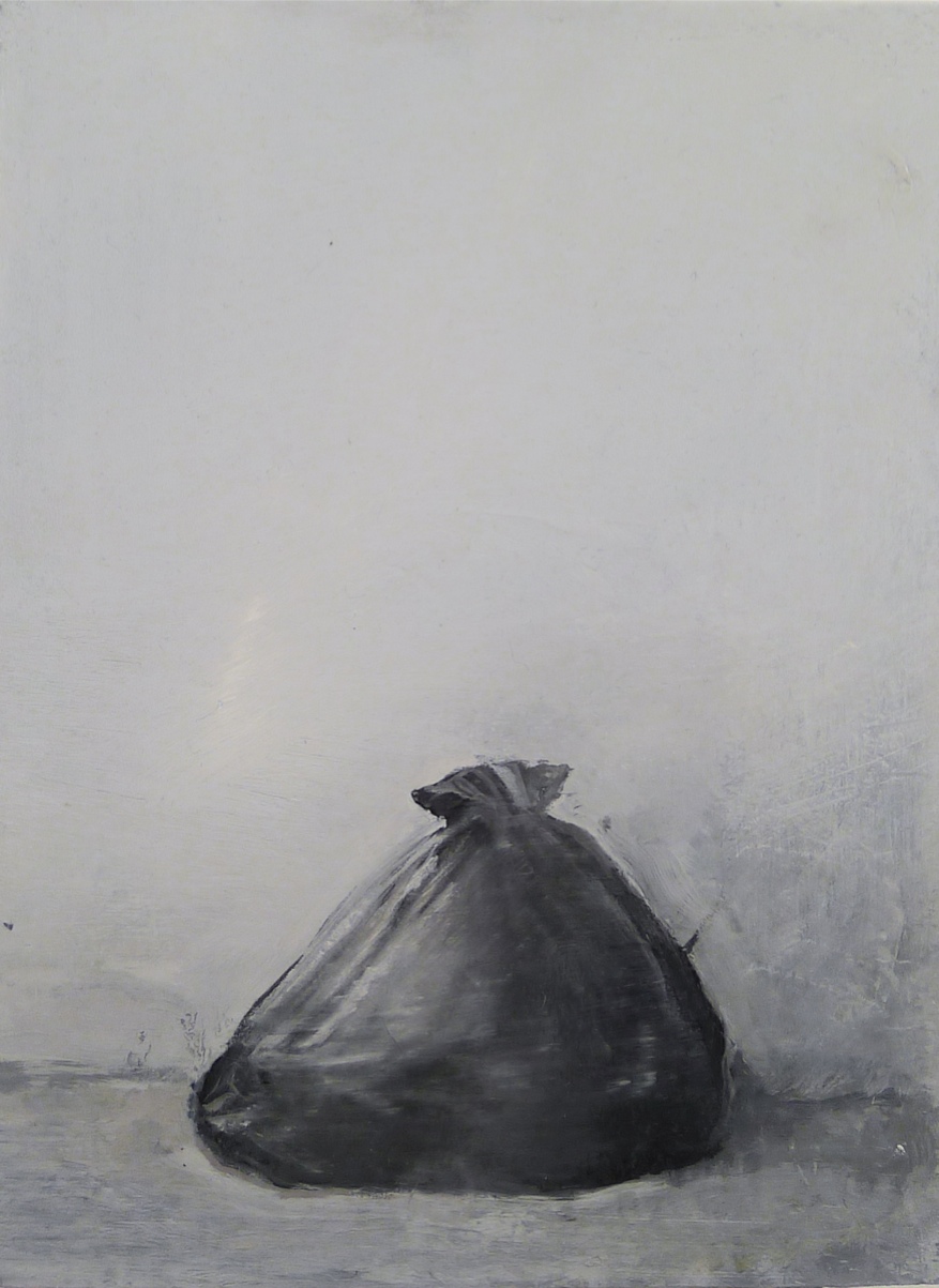Vangelis, Gokas, Untitled (bag), 2013, oil on wood, 27 x 20 cm 
