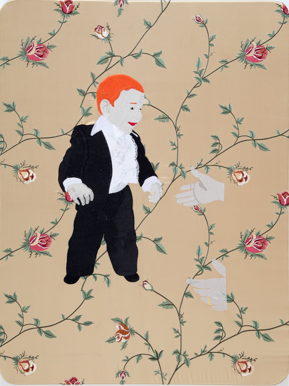Raed Yassin, Gentleman Raed (‘Dancing, Smoking, Kissing’ series), 2013 silk thread embroidery on embroidered silk cloth / 80 x 60 cm Courtesy Kalfayan Galleries, Athens - Thessaloniki
