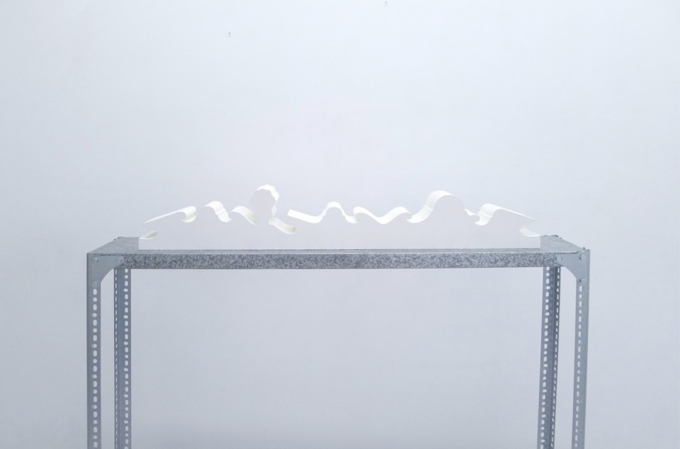 Untitled (white), 2015, Plaster (giluform) and custom-made dexion stand , 115 x 120 x 20 cm 