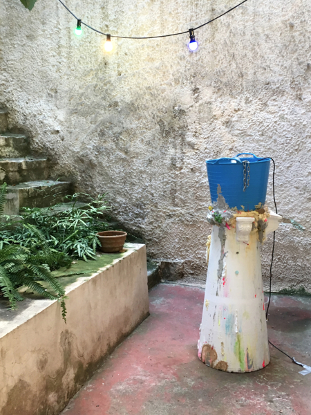 Sofia Toumpoura, Dayz of Glory, 2011, concrete, styrofoam, readymade decorative styrofoam, polyurethane, colour, nails, bucket, water pump, lights, dimensions variable