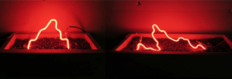 Vasilis Papageorgiou, Double Fire Pot, 2015, wood soil and neon lights, 40 x 55 x 20 and 25 x 30 x 12 cm