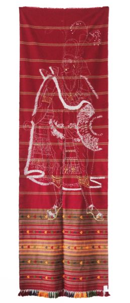 Konstantinos Ladianos, The Ghost of Montezuma, acrylic, thread, readymade cypriot curtain,  257 x 80 cm, courtesy CAN Gallery, Athens