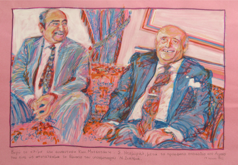 Alexia Karavela, Hefty mood between K. Mitsotakis and S. Demirel…2012, markers on canson paper, 50 x 35 cm