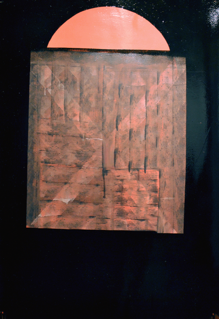 Sunset at the Dam, 2017, enamel panel on wooden panel, 122 x 84 cm