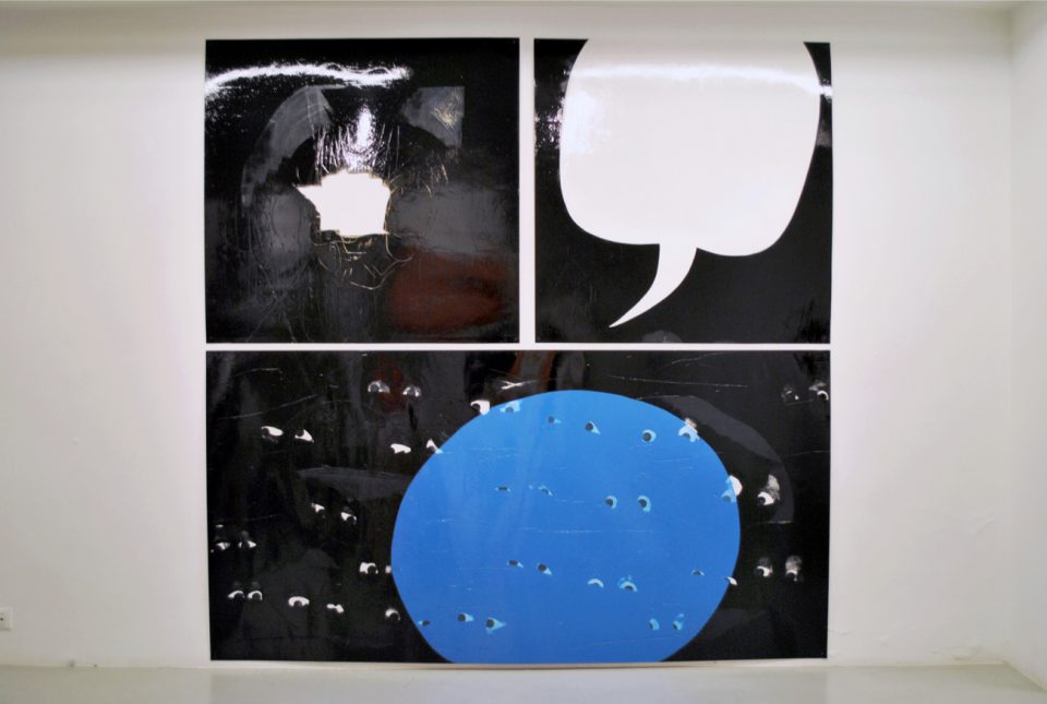 Bubble in the Dark, 2017, enamel paint and engraving on wooden panels, 122 x 118 cm, 118 x 116 cm,  244 x 122 cm 