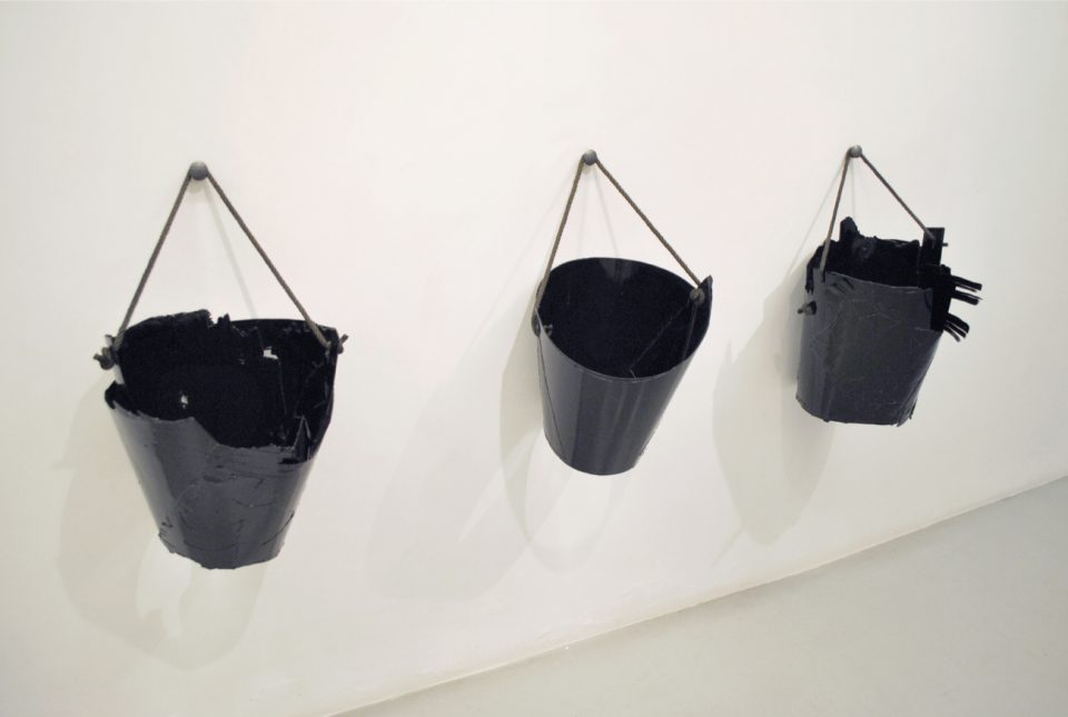 Buckets, 2017, processed scrap wood fragments, string, handmade nails and enamel paint, 39 x 37 x 37 cm / 36 x 33 x 38 cm / 44 x 33 x 38 cm 