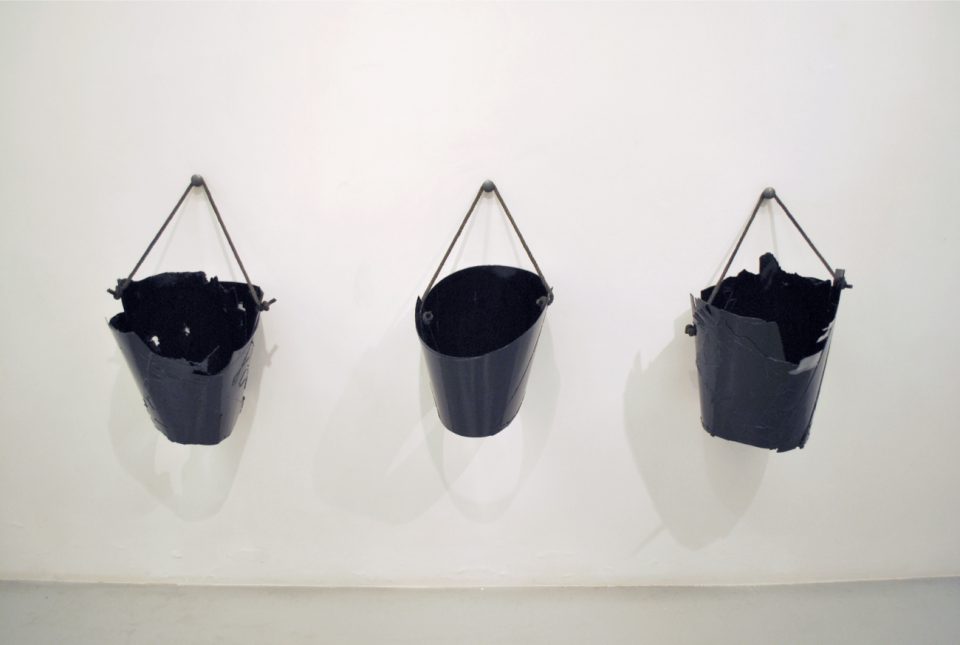 Buckets, 2017, processed scrap wood fragments, string, handmade nails and enamel paint, 39 x 37 x 37 cm / 36 x 33 x 38 cm / 44 x 33 x 38 cm 