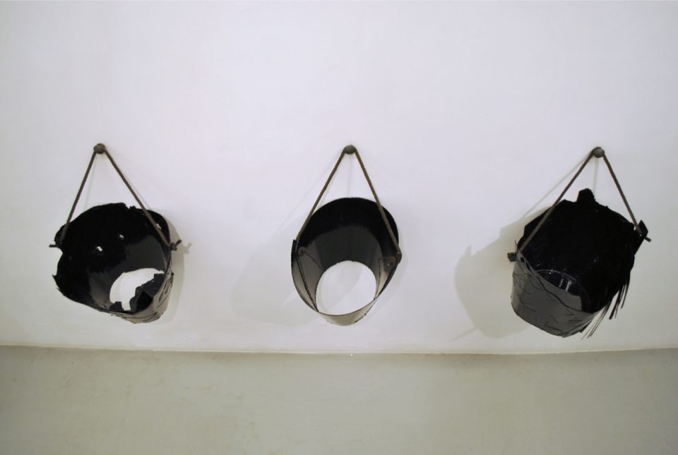 Buckets, 2017, processed scrap wood fragments, string, handmade nails and enamel paint, 39 x 37 x 37 cm / 36 x 33 x 38 cm / 44 x 33 x 38 cm 