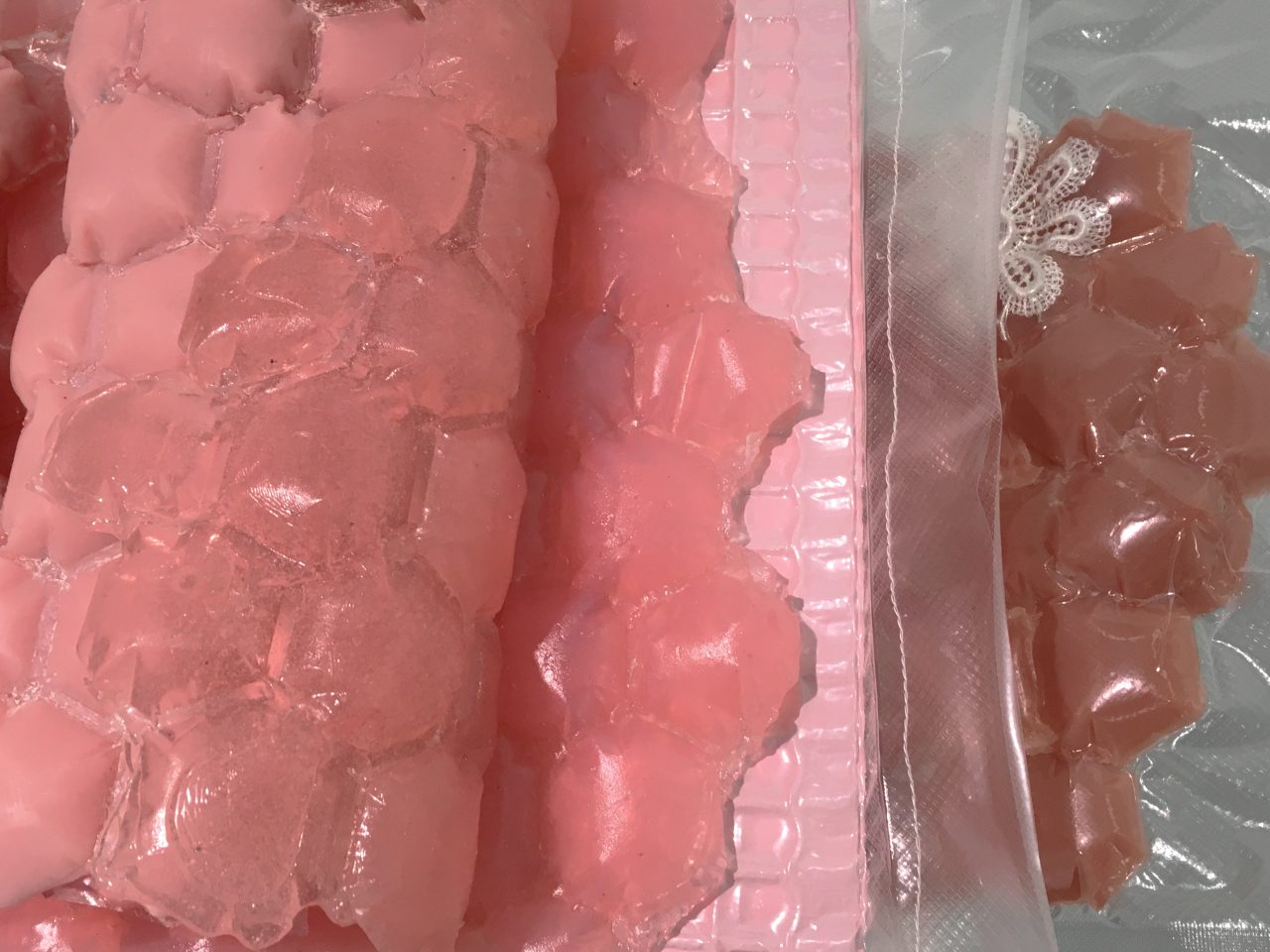 Untitled, 2018,
microcrystalline wax, beeswax, glass wax, plastic, plastic mesh, pigment, tissue paper, lace, tracing paper,
11 x 55 x 34 cm 
(detail)